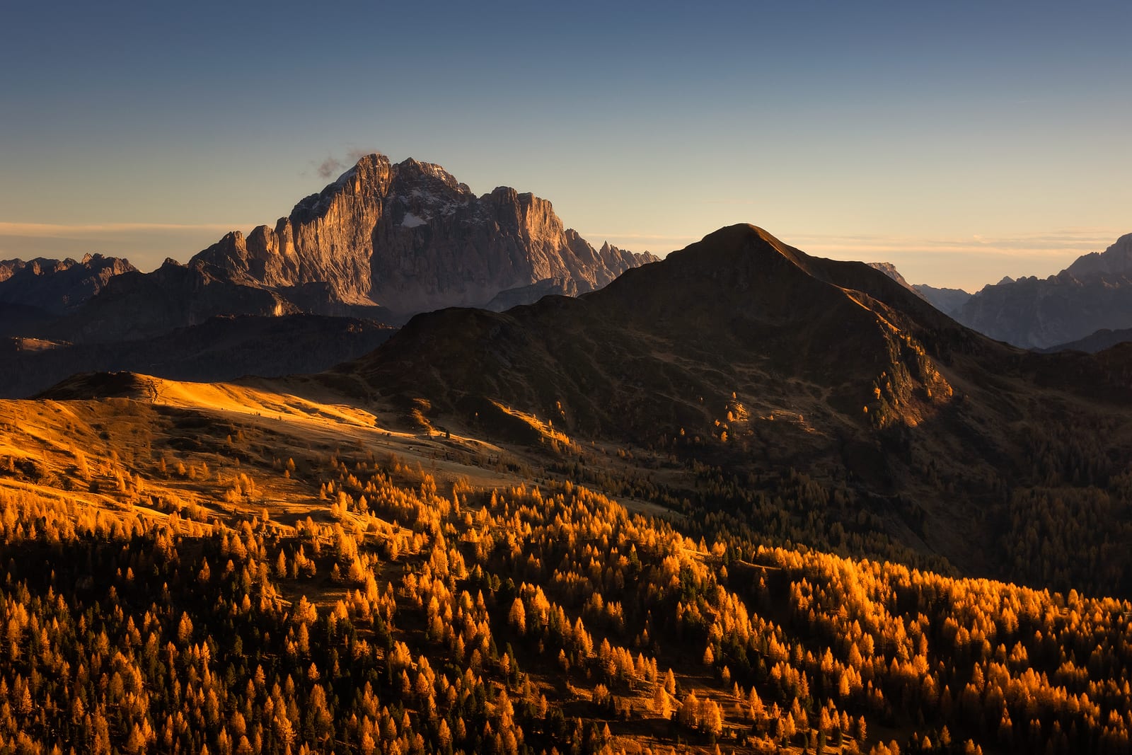 Golden larch forests on rolling slopes below a massive rock wall in low sun