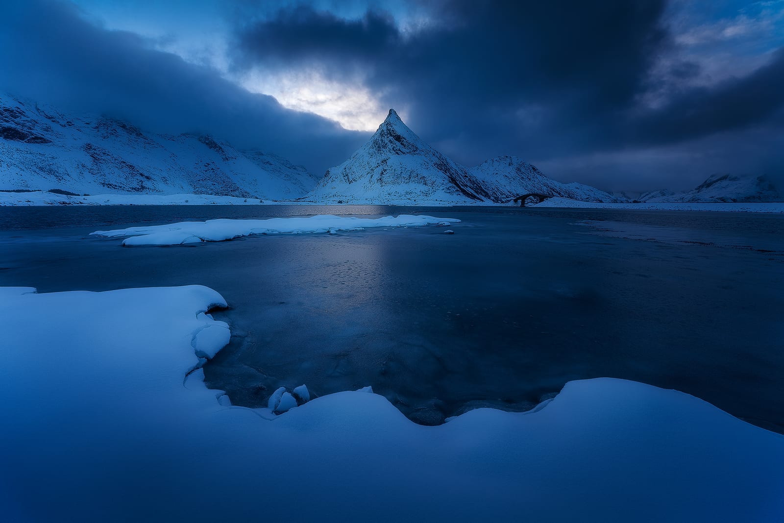 A half-frozen lake with drifting snow below a pointed snowy peak, light breaking through dark clouds